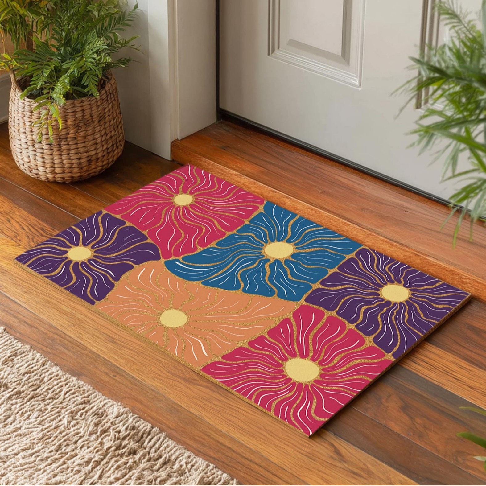 Carrelage floral de couleur contrastée à motifs abstraits - tapis de sol imitation fibre de coco