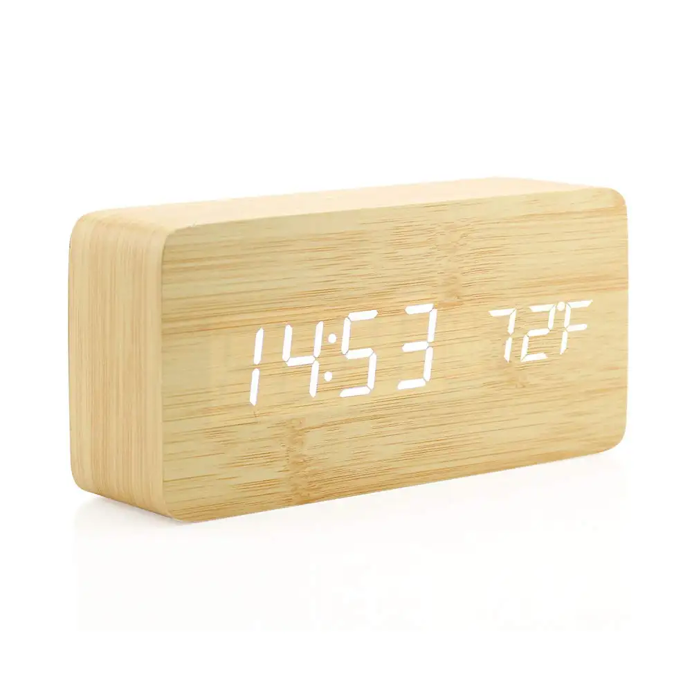 RTS Humidity Electric Clock with USB Cable Led Time Display Wooden Digital Desk Clock Wood Digital Alarm Clock for Desk