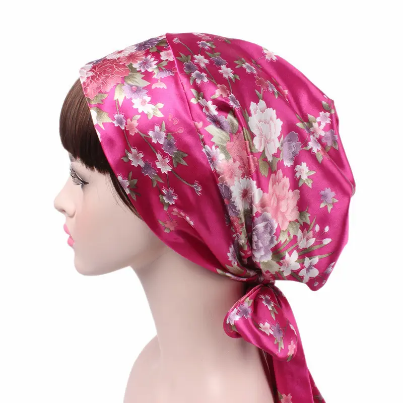 Pañuelo de satén con estampado para la cabeza para mujer, turbante con lazo para quimio, con estampado de flores y cola larga, D2128