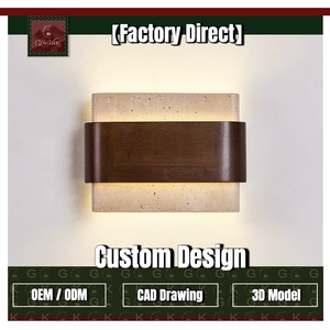 Lámpara de Pared para Dormitorio GOLDKING, Estilo Sándwich de Travertino Beige con Banda de Nogal, Iluminación Superior e Inferior, Fabricante OEM ODM Directo de Fábrica - Product Image 1