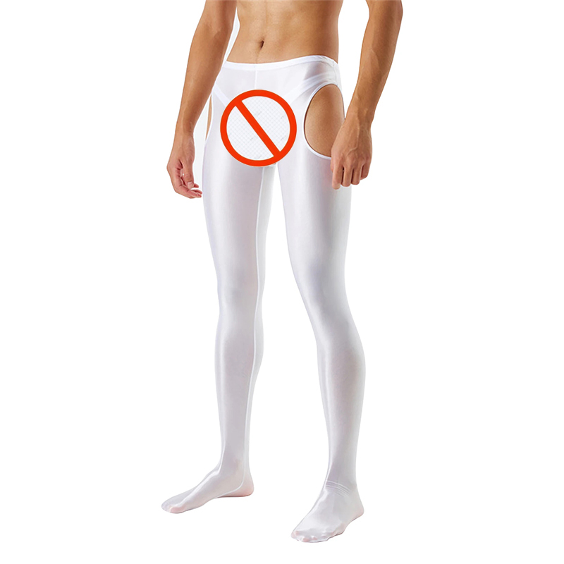 White Unisex Glossy Crotchless Pantyhose Footed Leggings