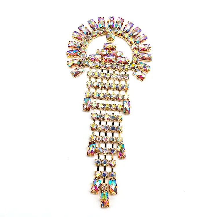 Luxury Gold Metal Tassel Rhinestone Applique Sewing On Belt Pink AB Resin Stone Patch For Carnival Costume Jewelry Accessories