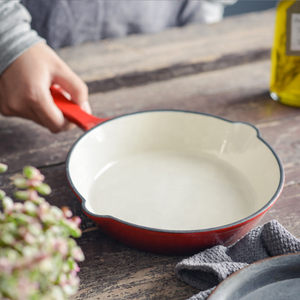 Sartén redonda <span class=keywords><strong>de</strong></span> <span class=keywords><strong>hierro</strong></span> fundido esmaltado para cocina, sartén multiusos con recubrimiento <span class=keywords><strong>de</strong></span> esmalte <span class=keywords><strong>de</strong></span> porcelana y boquilla - Product Image 3