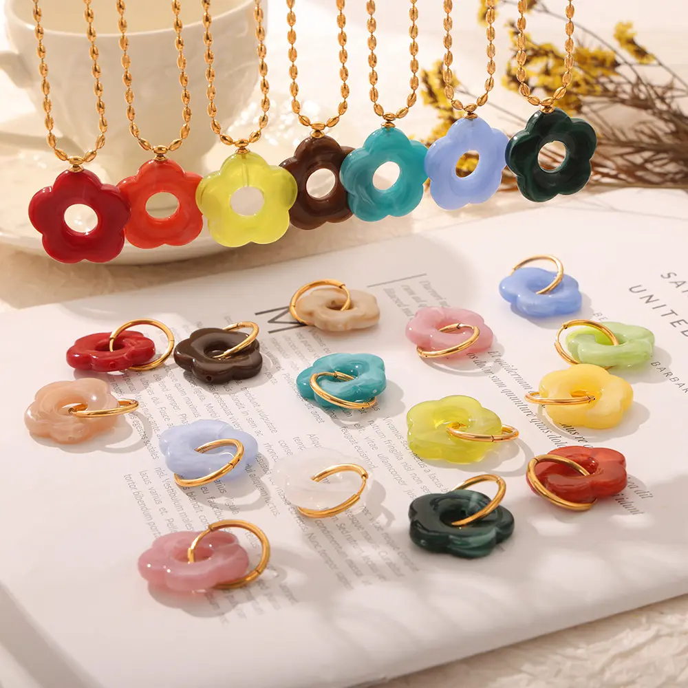 Ins Set anting kalung bunga Resin berlapis PVD emas 18K untuk wanita Set Perhiasan tahan air musim panas