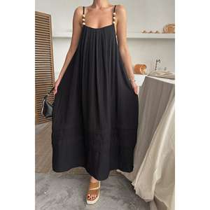 Vestido de muselina negro de ganchillo con tirantes para mujer, estilo oficina, largo hasta la rodilla, color liso, ideal para primavera/otoño. - Product Image 2