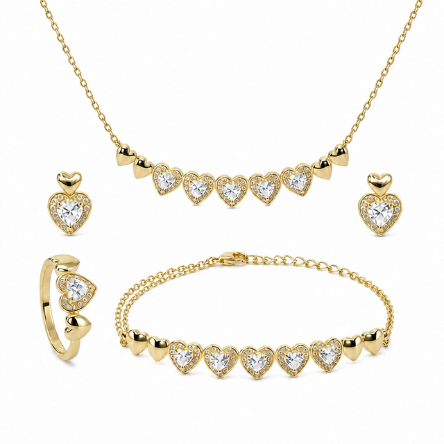Factory Customized High Quality 14K Gold Plated Zircon Diamond Heart Shape Necklace Cubic Zirconia Bracelet Earrings Ring Set