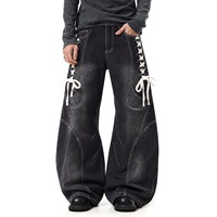 Jean en denim coupe large style High Street, taille mi-haute, tie-dye, effet Monkey Wash, avec lacets et poches
