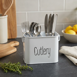 Cutlery Storage Holder Rectangular <b>Metal</b> White Rust Resistant Kitchen Minimalist Style Standing Type - Product Image 1