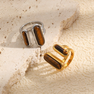Stainless Steel 18K Gold Plated <b>Tiger</b> <b>Eye</b> Stone Open <b>Ring</b> Retro Geometric Statement Finger <b>Ring</b> For Women Trendy Daily Jewelry - Product Image 3