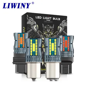 Liwiny Lampu Rem Mobil, Lampu Sorot T20 LED P21/5W Bay 15D 1157 1156 Ba15S 7443 5630 24SMD Gelembung Merah Berkedip LED Lampu Berhenti Ekor 12V