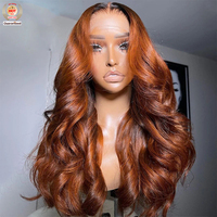 Vente en gros 13x4 13x6 350 #   Perruques en cheveux humains ondulés couleur gingembre personnalisée, avec dentelle frontale HD complète, pour femmes noires