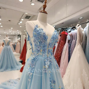 Robe de soirée de bal A-line pour ANY53, bleu ciel, dos nu, avec appliques florales 3D perlées et cristaux, traîne chapelle naturelle - Product Image 5