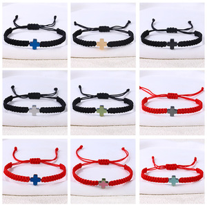 Bracelet en <span class=keywords><strong>hématite</strong></span> tissé à la main, réglable, avec croix chrétienne en acier inoxydable, bracelet porte-bonheur en cordon rouge, cadeau - Product Image 1