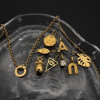 Collier chaîne gourmette en acier inoxydable plaqué or eManco avec breloques DIY : Œil protecteur, Monstera, Ananas, Poisson, Lettre A, Papillon, Zircon