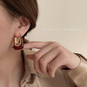 女性用ビンテージ金メッキアクリルスクエアスタッドイヤリング多色グレーアンバークリア樹脂ソリッドビッグフープデザインギフト用 - Product Image 2