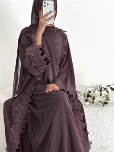 Abaya Leduo personnalisée 2026, nouvelle robe longue maxi élégante pour femmes musulmanes de Dubaï, avec motif floral en dentelle et patchwork, accompagnée d'un hijab assorti - Product Image 3