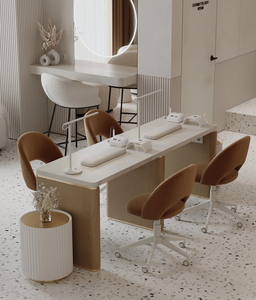 Table de <span class=keywords><strong>manucure</strong></span> double moderne <span class=keywords><strong>effet</strong></span> <span class=keywords><strong>marbre</strong></span> avec garniture dorée, facile à nettoyer, avec rangement - Product Image 1