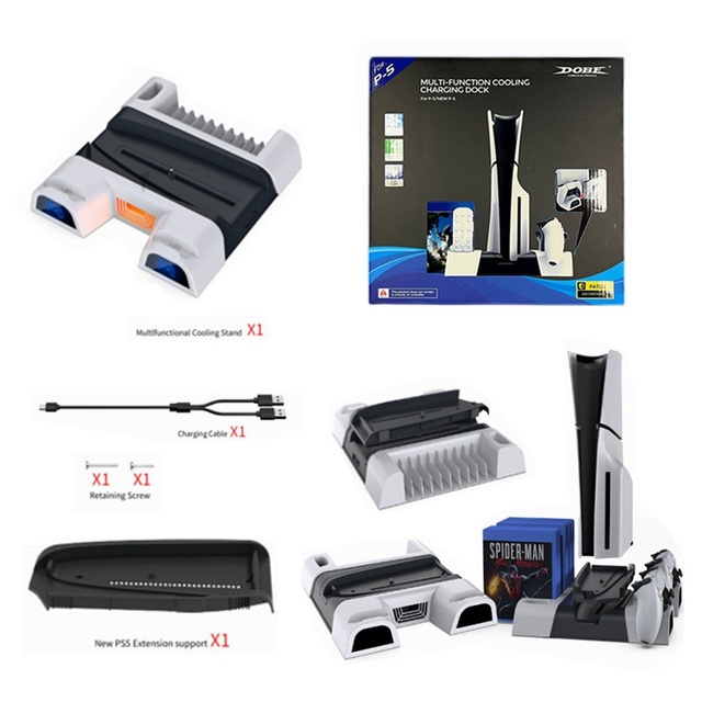 TP5-3536B Dual-Seat for PS5 Slim Disc Storage Rack Handle Multifunctional Cooling Base with Light Charger Station