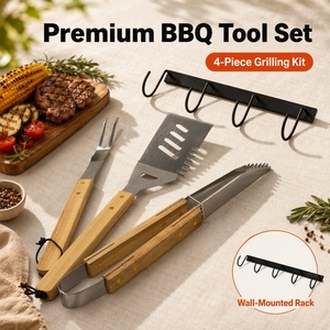 304 Stainless Steel 3Pcs BBQ <b>Tool</b> Set Wooden Handle with Black Hanging <b>Rack</b> - Product Image 5