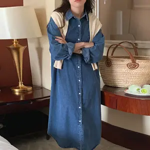 Großhandel Korean Chic Herbst Retro Western Style Revers Lose Einreiher Washed Blue Langarm Denim Kleid