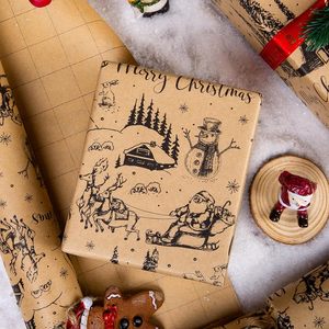 Kraft Christmas Wrapping <b>Paper</b> <b>Roll</b> 17 Inch X 33 Feet Vintage Sleigh Snowman Print Brown Holiday Gift <b>Wrap</b> - Product Image 5