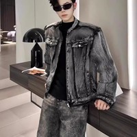 Blouson Bomber Unisexe Rétro Américain Vintage Noir Décontracté en Jean Coupe-Vent Long XL Printemps Automne avec Fermeture Éclair en Cuir de Vachette