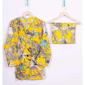 Conjunto de Pijama de Algodón Tejido para Mujer con Estampado de Selva, Cuello en V, Cintura Elástica, Manga Larga, Transpirable, Azul, para Otoño - Product Image 1