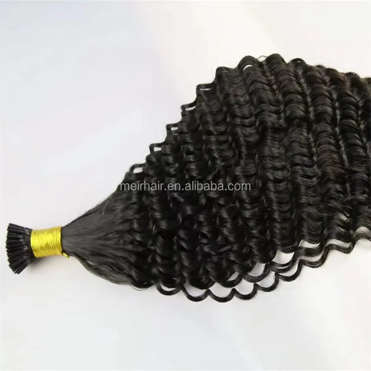 Wholesale Natural Black Curly Russian Hair Double Drawn Micro Links 26inch I Tip Human Hair Extensions Wavy