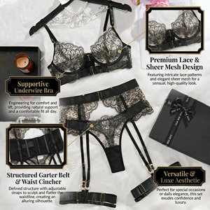 En Stock 2026 Nouvelle Collection Ensemble de Lingerie Sexy 4 Pièces en Dentelle Transparente Brodé pour Femme, Sous-vêtements Sculptants Translucides - Product Image 3