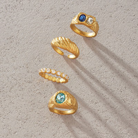 PVD-Beschichtung Klassischer 18K Gold Edelstahl Weiß-Blauer Ovaler Strass Sandgold Strukturierter Leicht Gehämmerter Zirkon-Ring