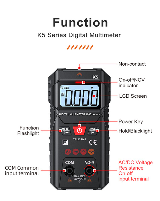 Hot Selling K5 Digital Multifunction Multimeter DC/AC Voltage Resistance for On-off for High Accuracy IP55 Protection CE RoHS