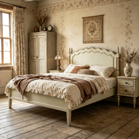 Cadre de lit en bois sculpté moderne de luxe avec revêtement en cuir blanc antique, ensemble de meubles de chambre à coucher taille Queen et King