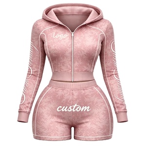Set Due Pezzi di Alta Qualità con Logo Personalizzato, <span class=keywords><strong>Felpa</strong></span> Sportiva con <span class=keywords><strong>Cappuccio</strong></span> e Pantaloncini Stampati Vintage da <span class=keywords><strong>Donna</strong></span>, Traspirante e Slim Fit per l'Inverno - Product Image 1
