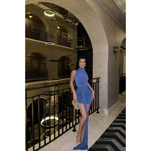 Robe Indigo Paula style vintage en Spandex, à nouer, longueur genou, col halter, taille élastique, taille unique, idéale pour les journées printanières formelles, disponible en XL - Product Image 5