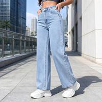 Pantalon colonne taille haute pour femme, aspect denim bleu clair délavé, pour Loggia Autumn Day Hours