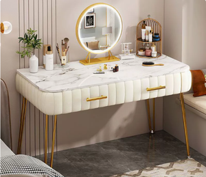<strong>Make</strong> <strong>up</strong> <strong>Vanity</strong> Table with Marble Top Round Mirror Velvet Dressing Desk Bedroom Furniture - Product Image 4