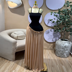 เดรสแม็กซี่จับจีบแต่งระบายสีตัดกันสำหรับผู้หญิง - เดรสสายเดี่ยวแบบเป็นทางการ แต่งผ้าแบบ Patchwork แฟชั่น - Product Image 6