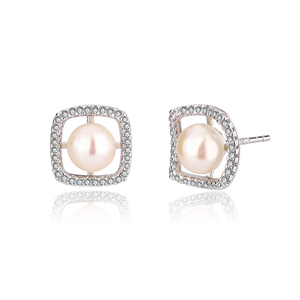 KAMMY Boucles d'oreilles clous tendance pour femme 6-6,5 mm, plaqué rhodium et platine, imitation perle avec design géométrique - Product Image 6