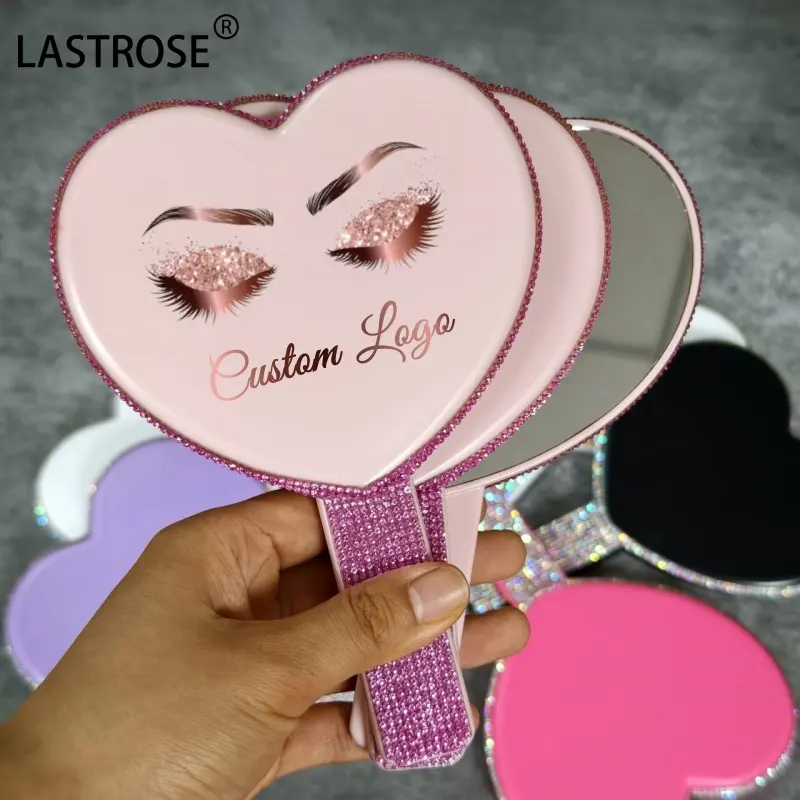 Private Label Your Logo Single Side Plastic Small Handheld Square Heart OEM Cosmetic Makeup Bling Hand Mirrors For Women