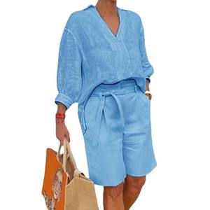 Completo Set Estivo <span class=keywords><strong>Donna</strong></span> 2026: Camicia Larga in Cotone <span class=keywords><strong>Lino</strong></span> con Scollo a V e <span class=keywords><strong>Pantaloncini</strong></span> Casual - Nuova Collezione Moda Boutique all'Ingrosso - Product Image 6