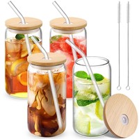 Gobelet en verre en forme de canette de 16 oz avec couvercle en bambou et paille en verre, compatible lave-vaisselle et micro-ondes, design moderne pour café glacé et bière