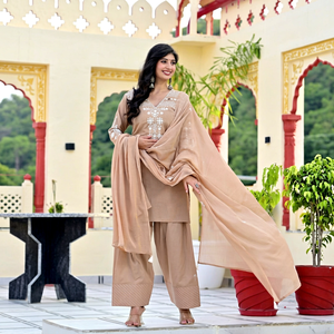 Ensemble Salwar en coton brodé beige pour femme, style traditionnel, coupe régulière, longueur genou, tenue décontractée, séchage rapide, numérique - Product Image 1