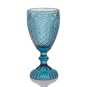 Vintage Wine Goblet Glass Embossed Design Glassware Pressed Machine Pressed Glass Color Wine Glasses Carved Water Goblet