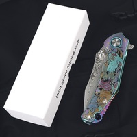Couteau pliant en acier Damas coloré RWL34 et PMC27 avec motif de dragon fait à la main, outil de survie en plein air de poche