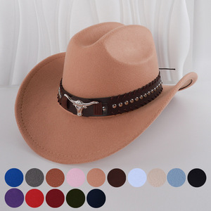 Sombrero de Vaquero con Cinturón de Cabeza de Toro, Accesorio de Moda, Protección Solar, Cálido y con Sombra, Otoño 2024, Sombrero de Ala Ancha de Poliéster - Product Image 1