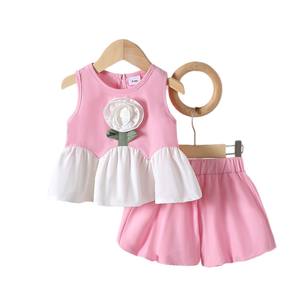 2025 da bambina senza maniche camicia rosa fiori bianchi + Bloomers 2 pezzi Set carino - Product Image 5