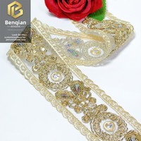 LEIXUSI 5cm Dentelle à sequins soluble dans l'eau de style ethnique, Bordure dorée pour accessoires de vêtements Hanfu de style chinois