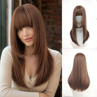 Perruque synthétique longue et droite brun foncé, dégradée, avec frange, résistante à la chaleur, ligne de cheveux naturelle réglable, vente en gros d'usine, perruques OEM/ODM