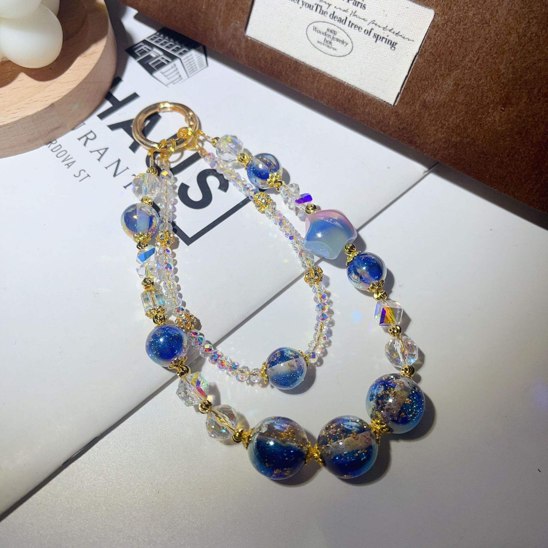 Gold foil double chain sapphire blue