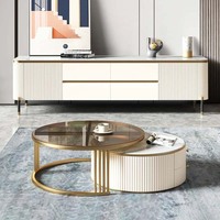 Meubles de salon modernes, table basse en acier inoxydable avec base en or, ensemble de deux pièces de table basse ronde et de meuble TV en pierre blanche